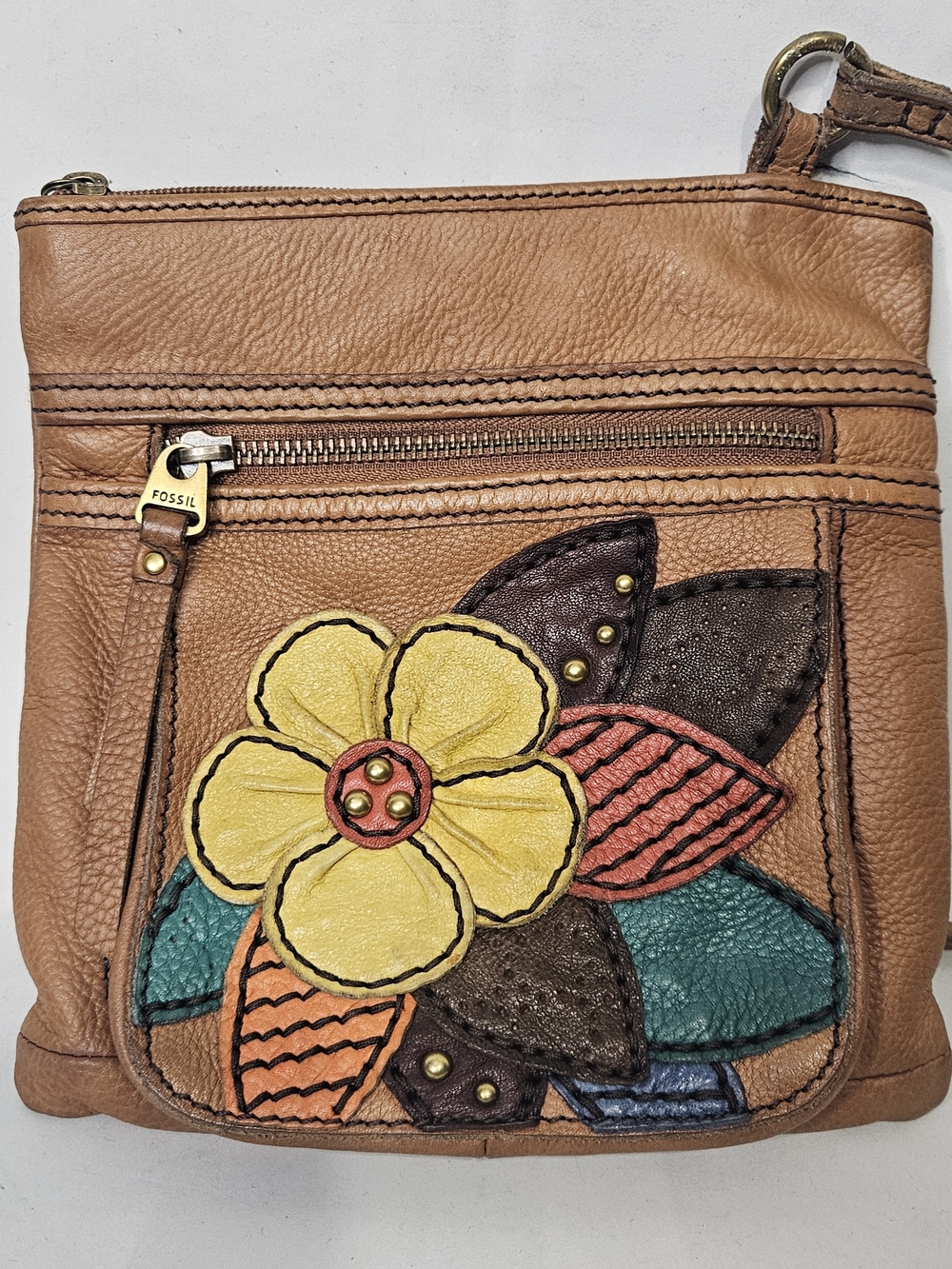 Vintage Fossil Tan Leather Crossbody Bag Boho Patchwork Floral Studded Purse 8"
